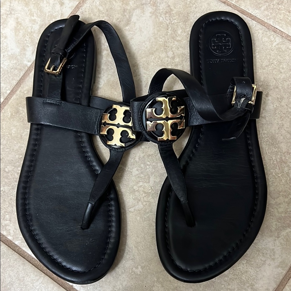 Tory Burch Black Leather Sandals with Gold Logo